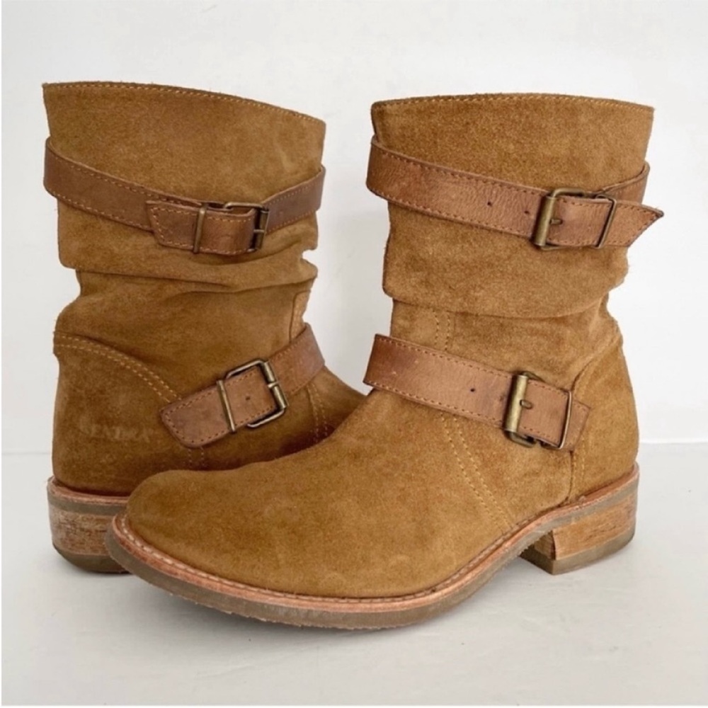 Sendra Suede Leather Chestnut Moto Buckle Strap Short Slouch Boots